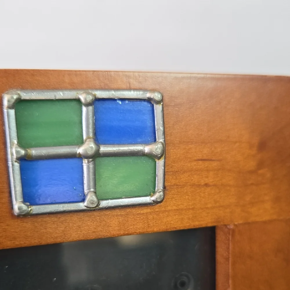 Wooden Photo Frame with Blue and Green Stained Glass Inset Accents